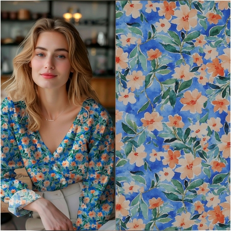 אריג ויסקוזה דפוס פרחי קיץ מלבלבים על רקע כחול