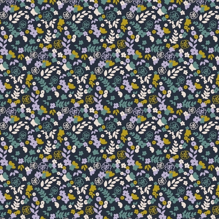 טריקו כותנה אורגני פרחים קטנים שמחים על רקע כחול כהה