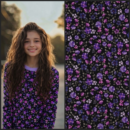 טריקו כותנה אורגני דפוס סיגליות על רקע נייבי