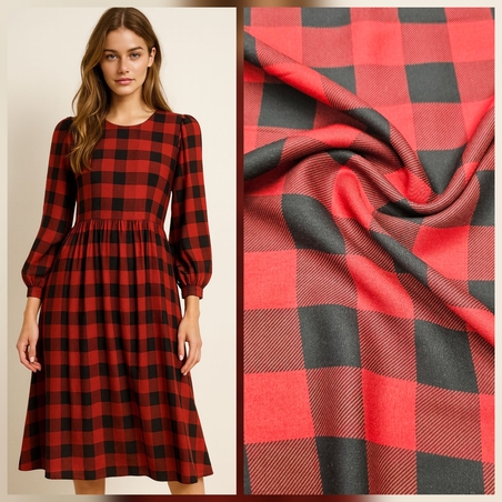 אריג ויסקוזה משבצות בגווני שחור אדום