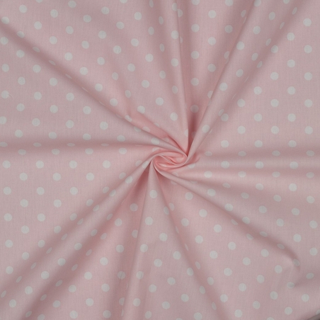 אריג כותנה נקודות לבן על רקע ורוד בייבי