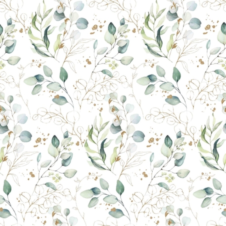 אריג כותנה דפוס דיגיטלי עלי אקליפטוס על רקע לבן