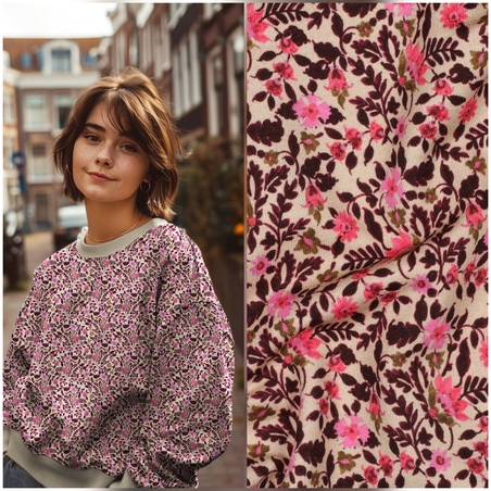 פרנץ טרי דפוס פרחים עדינים סגלגלים ורדרדים על רקע בז