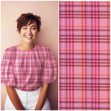 אריג כותנה דפוס משבצות על רקע ורוד