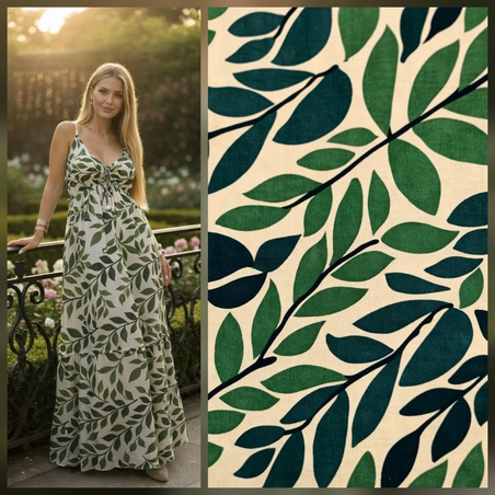 אריג ויסקוזה דפוס עלים טרופיים על רקע צהבהב