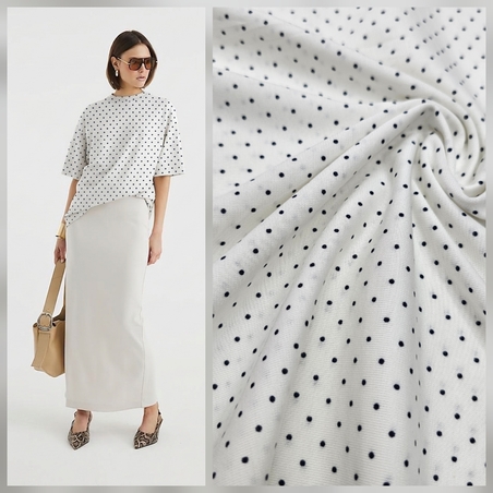 טריקו כותנה דפוס נקודות סיכה נייבי על רקע לבן