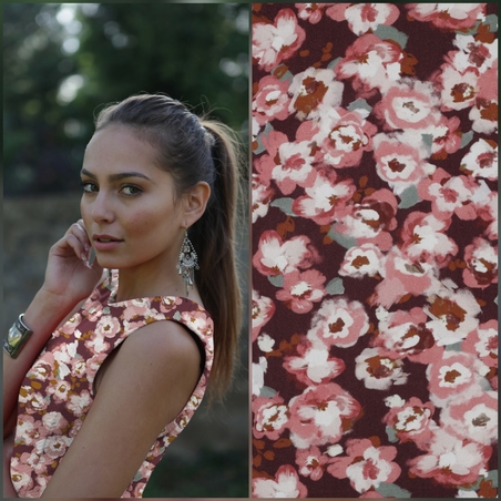 אריג ויסקוזה לייקרה דפוס פרחים על רקע בורדו דגם עומר