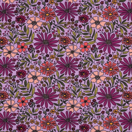 טריקו כותנה דפוס פרחים קסומים על רקע לבנדר