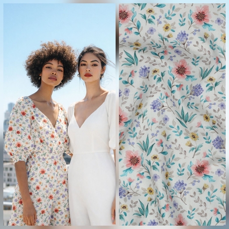 אריג כותנה דפוס פרחים דיגיטלי עדינים על רקע לבן