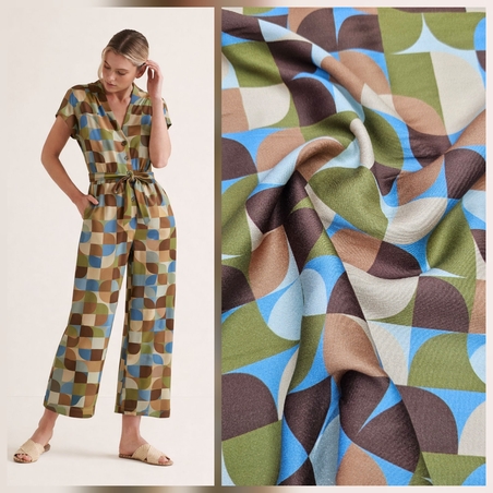 אריג ויסקוזה דפוס גאומטרי גווני ירוק בז חום דגם שרה