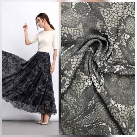 אריג שיפון אפור כהה דפוס שושנים מיוחדים