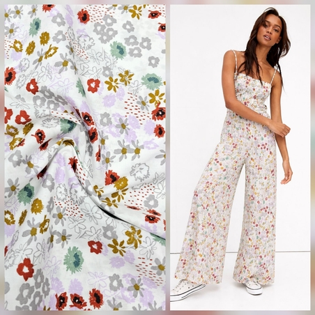 אריג כותנה פרחים בסגנון כפרי על רקע לבן דגם מאי