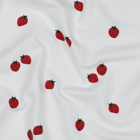 טריקו כותנה אורגני דפוס תותים על רקע לבן