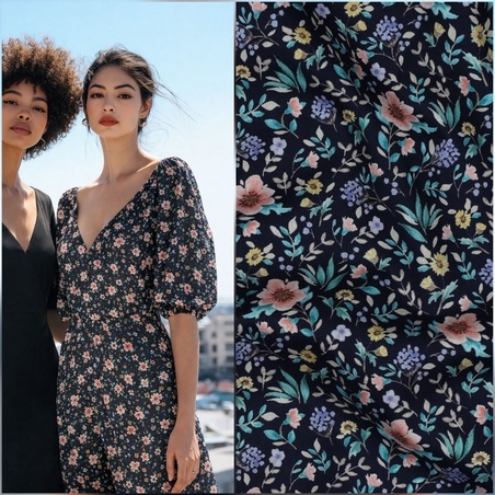 אריג כותנה דפוס פרחים דיגיטלי עדינים על רקע נייבי