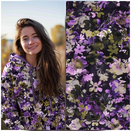 בד פוטר דפוס דיגיטלי פרחים רעננים על רקע סגול