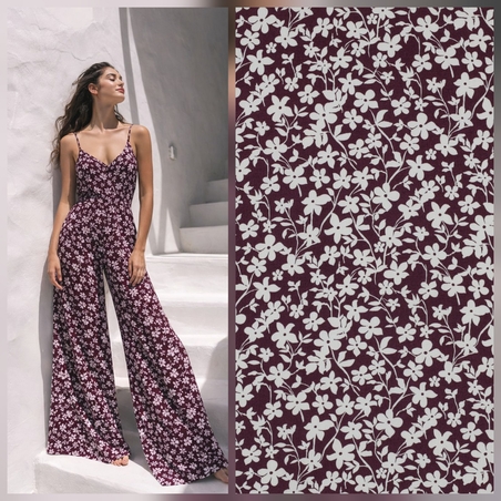 אריג ויסקוזה דפוס פרחים קטנים על רקע בורדו דגם חן