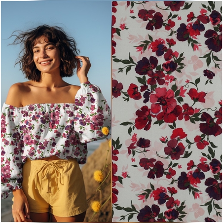 אריג ויסקוזה ECOVERO דפוס רומנטי על רקע לבן חם