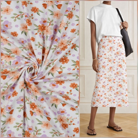 טריקו כותנה אורגני פרחים על רקע לבן דגם שרון