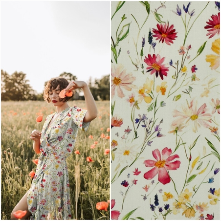 אריג ויסקוזה דפוס פרחי בר פסטלים