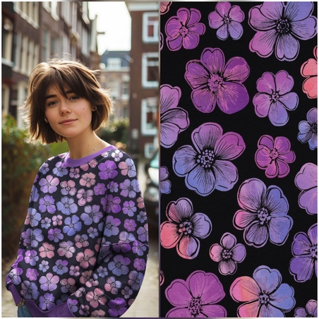 פרנץ טרי דפוס פרחים סגולים דיגיטלי על רקע נייבי