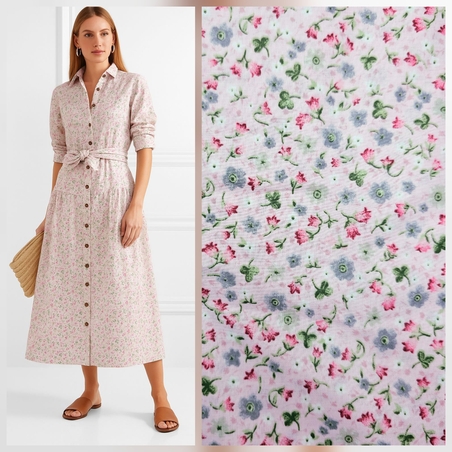 אריג כותנה דפוס פרחים קטנים על רקע ורוד דגם שני