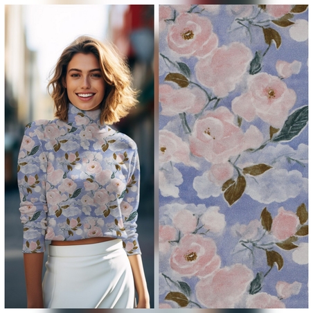 טריקו ויסקוזה דפוס פרחי לילך על רקע תכלת