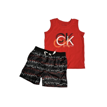 חליפת מכנס Calvin klein גופייה אדומה מכנס שחור לוגו לאורכו