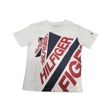 חולצת Tommy hilfiger לבנה כיתוב באדום כחול אלכסון