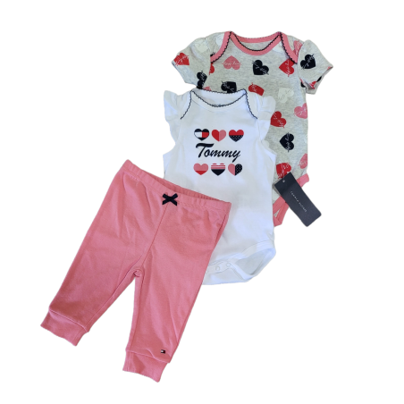 סט 3 חלקים Tommy hilfiger לבן לבבות אפור ורוד אפרסק