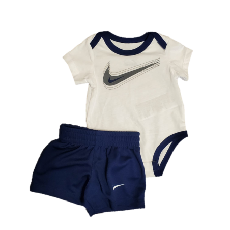 חליפת מכנס NIKE בייבי בגד גוף לבן סימון וי לרוחבו מכנס כחול