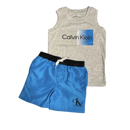 חליפת מכנס Calvin klein גופייה אפורה מכנס תכלת לוגו