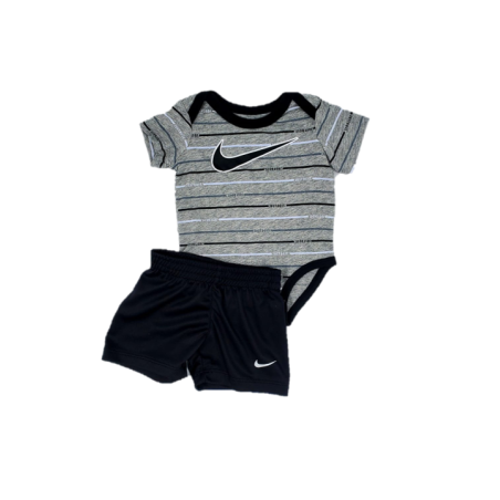 חליפת מכנס NIKE בייבי בגד גוף אפור פסים שחור לבן וי שחור במרכז