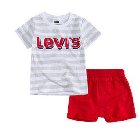 חליפת שורט LEVI'S  מכנס אדום חולצת פסים אפור לבן כיתוב באדום