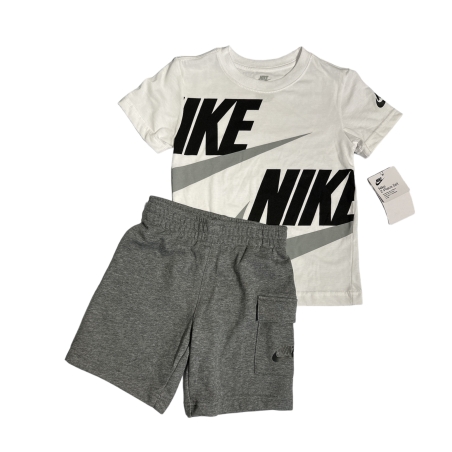 חליפת מכנס NIKE לבן מכנס אפור כיסים בצדדים לוגו בגדול בשחור