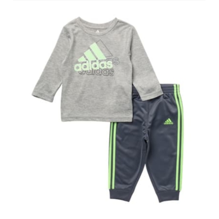 חליפת מכנס ADIDAS בייבי אפור לוגו ירוק מכנס אפור פסים ירוק זוהר