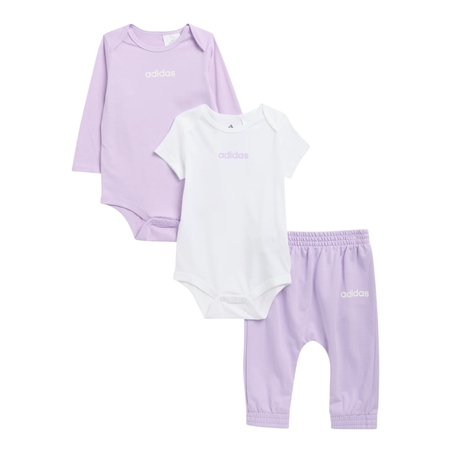 חליפת מכנס ADIDAS 3 חלקים בגד גוף ארוך , קצר ומכנס ארוך סגול לבן