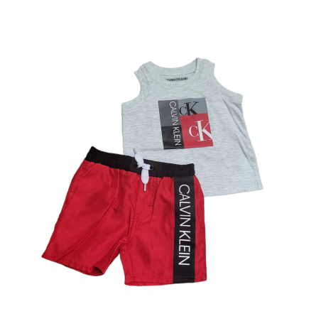 חליפת מכנס Calvin klein בייבי גופייה אפורה לוגו מקדימה מכנס אדום