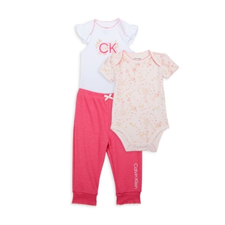 סט 3 חלקים Calvin klein בייבי לבן אפרסק פרחוני מכנס ורוד