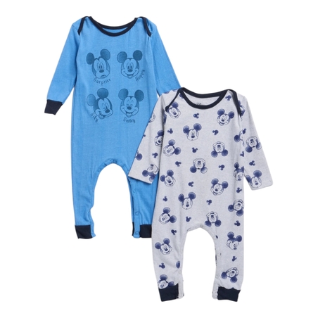 זוג אוברולים מיקי מאוס תכלת לבן שרוול ארוך