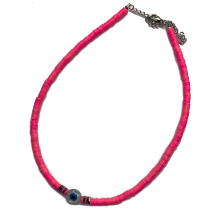 שרשרת דיסקיות ורוד זוהר עם עין