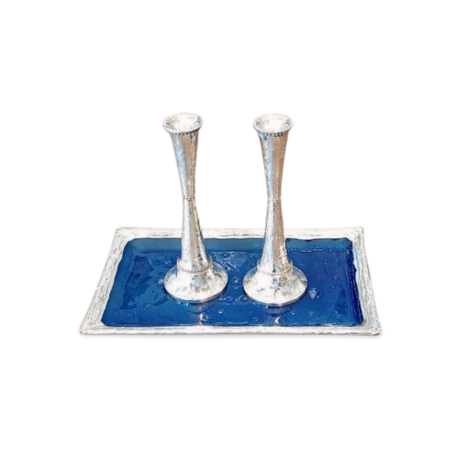 מגש ליקר / פמוטים זכוכית כחולה