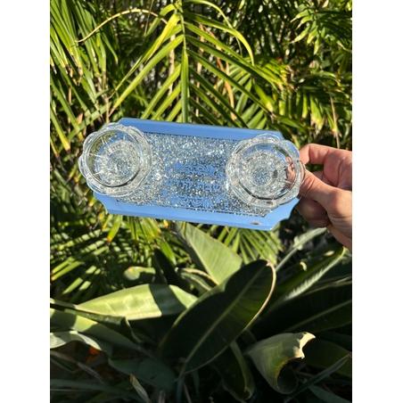 פמוטי זכוכית מחוברים למגש אבנים מנצנצות מעוטר 9.5*20 ס