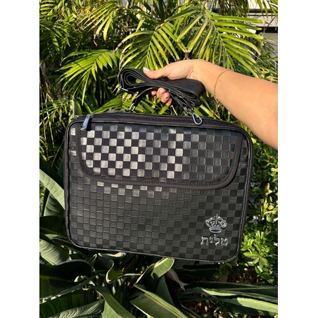 תיק טלית יוקרתי וגדול שחור משובץ דמוי עור כתר 43*36