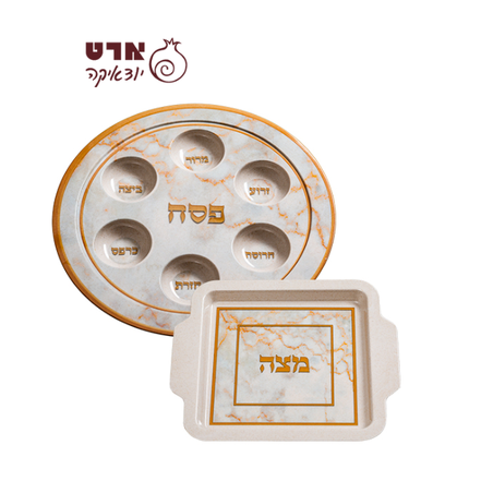 UK80659 סט קערת פסח ומצה במבוק דמוי שיש זהב