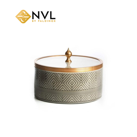 X5168A קופסת פורצלן זהב מכסה זכוכית עיטור אפור קוטר 19.4 גובה 8.7 ס