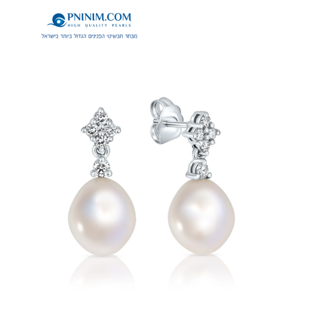 עגיל מעוין זהב 14K ויהלומים מלכותי עם פנינת טיפה 9 ממ EFT1889DR9