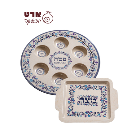 UK80649 סט קערת פסח ומצה במבוק פרחונית