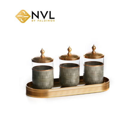 X5469A סט 3 צנצנות פורצלן וזכוכית/ על מגש אלו. ומכסה זהב ועיטור אפור 17/9 ס