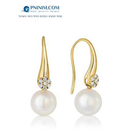 עגיל זהב 14K ויהלומים תלוי עם פנינה 9 ממ EFK00N24-9