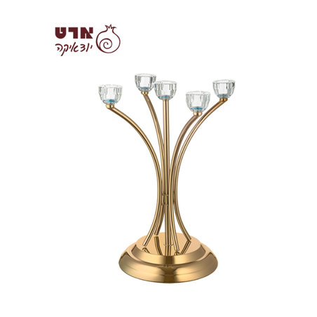 UK47740 פמוט מתכת 5 קנים עם ראשי קריסטל גימור זהב 35 ס